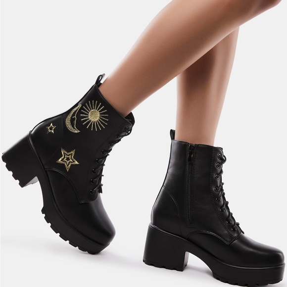Koi Footwear Black & Gold Astro Star & Moon Chunky Platform Boots Size 7 Goth - Picture 3 of 11